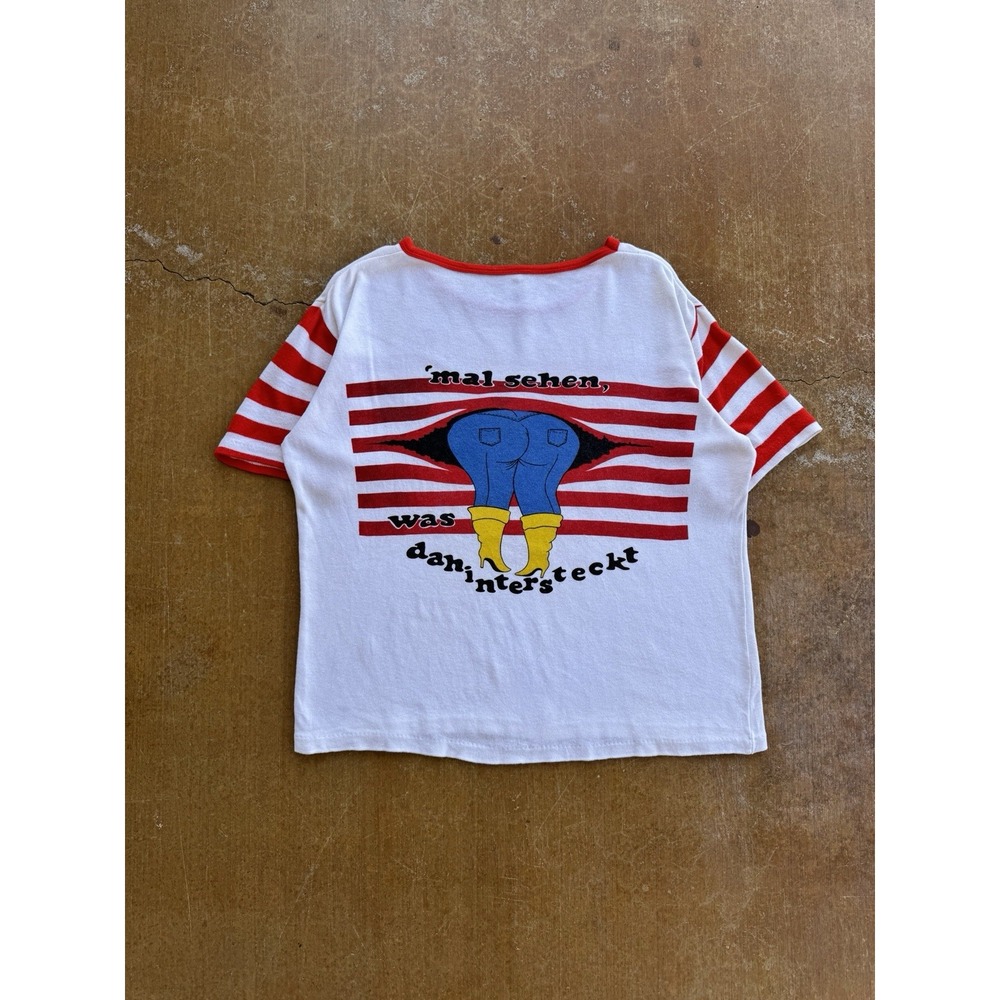 VTG 70s European Novelty Print Striped Sleeves Germany Provocative T-Shirt WMS L